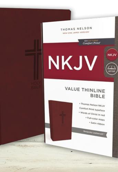Picture of NKJV Bible Thinline Standard Print Imit Leather Burgundy Red Letter Comfort print by Thomas Nelson