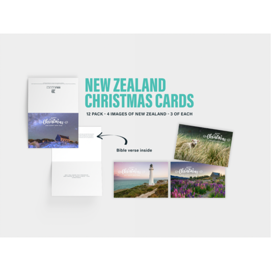 Picture of Bible Society New Zealand Christmas Cards. 12 cards: 4 images of New Zealand - 3 of each