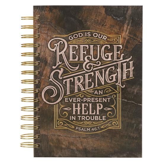 Picture of Christian Art Gifts Journal w/Scripture for Men/Women God Is Our Refuge and Strength Psalm 46:1 Bible Verse Brown 192 Ruled Pages, Large Hardcover Notebook, Wire Bound